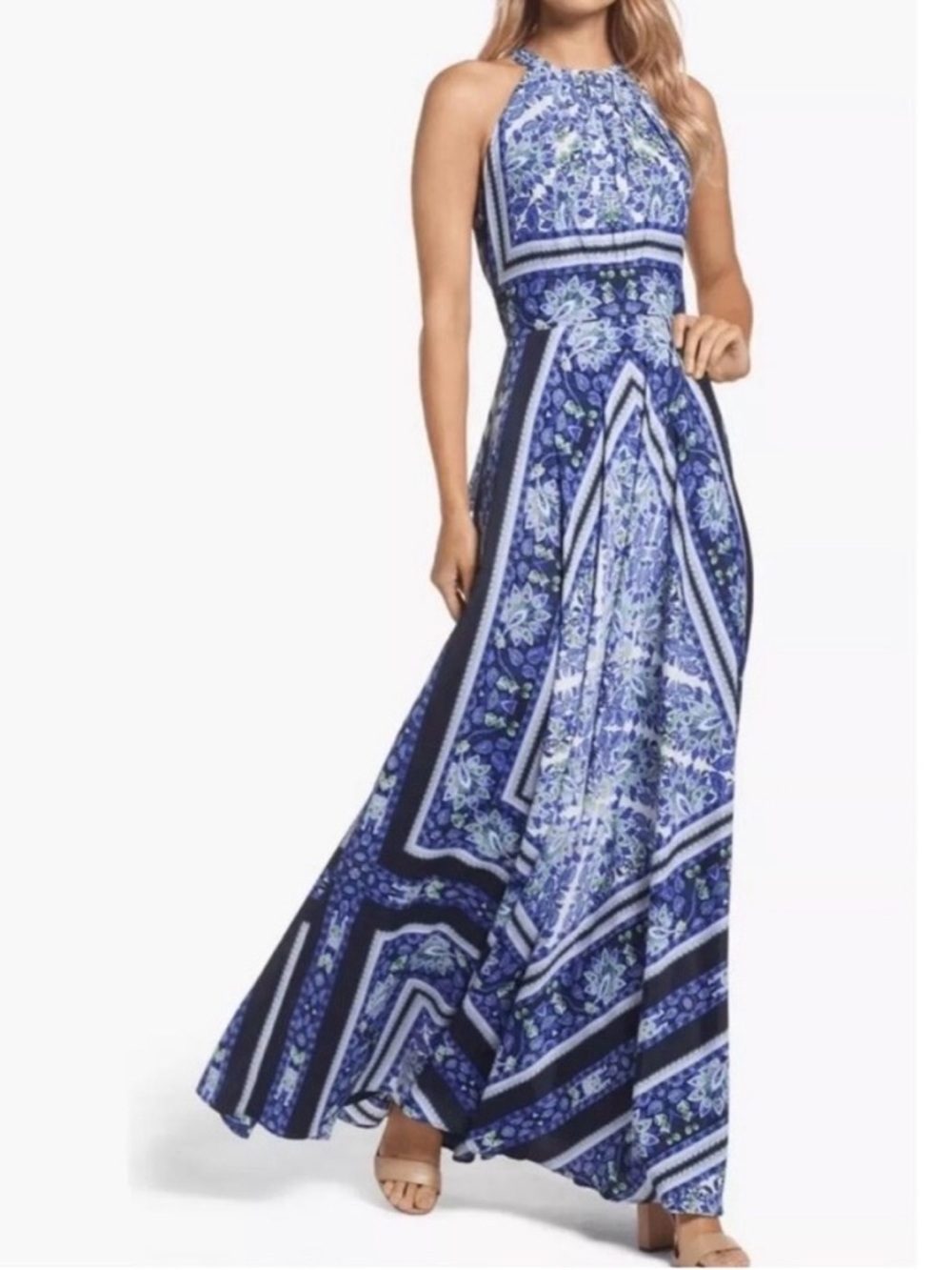 Eliza J Scarf Halter Maxi Dress NEW 10 Blue Long Gown Flowy Boho Indie Western